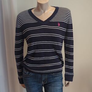 U.S. Polo Assn. Navy and White Striped V-Neck Sweater